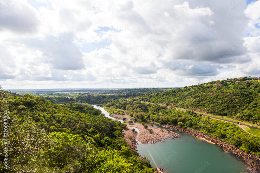 The view of the Phongolo river seen from on the dam wall of the pongolapoort dam KZN, South Africa