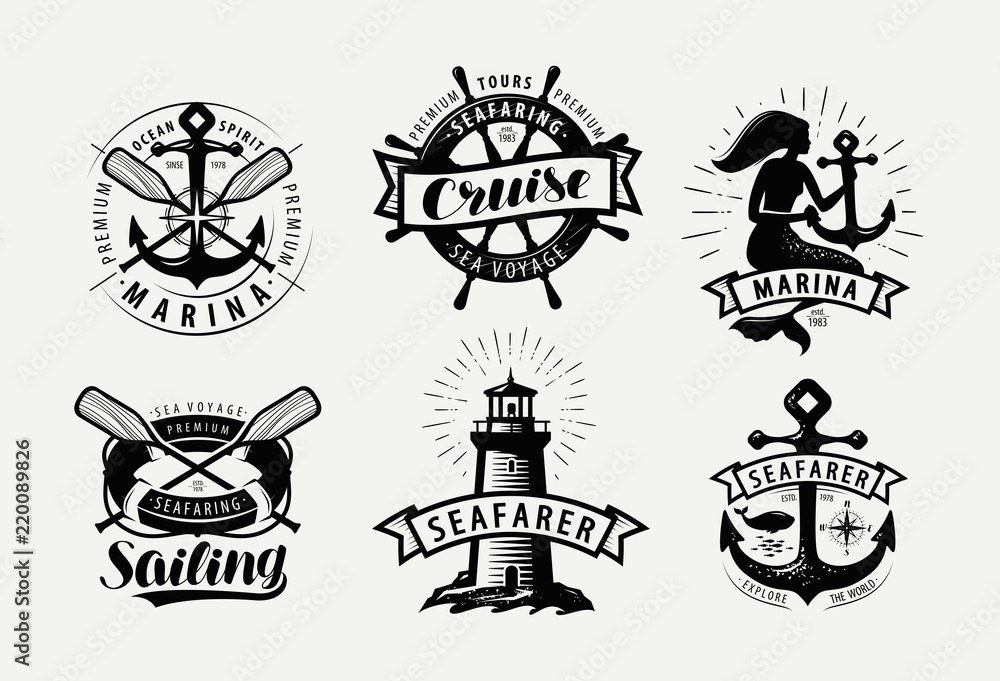 Sailing, cruise logo or label. Marine concept set of emblems. Typographic design vector Sailing, cruise logo or label. Marine concept set of emblems. Typographic design vector