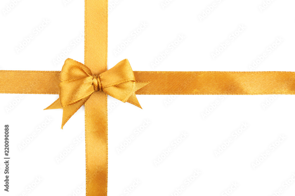 Golden ribbons with beautiful bow on white background Golden ribbons with beautiful bow on white background