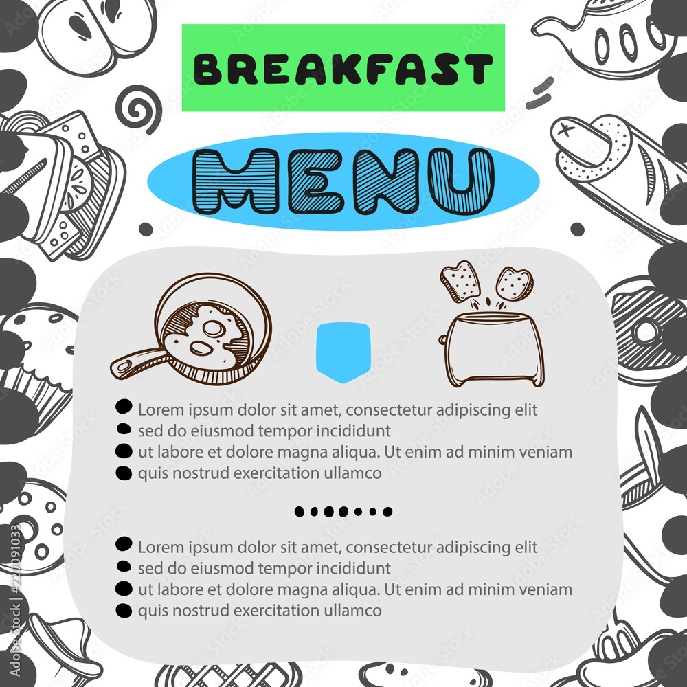 Naklejka premium Hand drawn menu for cafe with breakfast menu. Template design. Food flyer. Linear graphic.
