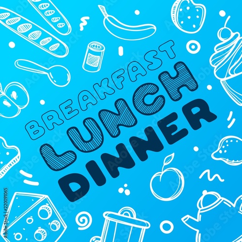 Hand drawn menu for cafe with food on blue background. Sketch concept illustration.
