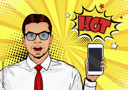 Attractive smiling man with phone in the hand in comic style. Pop art vector illustration in retro comic style. Digital advertisement male model showing the message or new app on cellphone