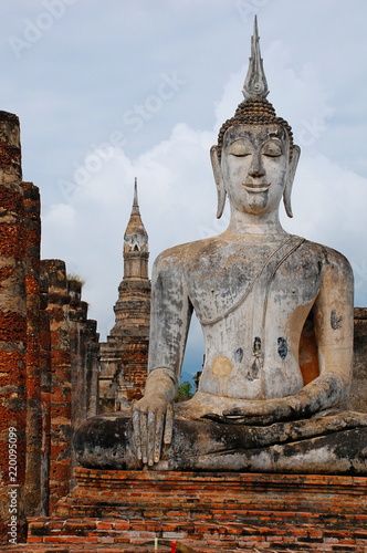 Ancient statues and buildings in sukhothai historical park, Thailand