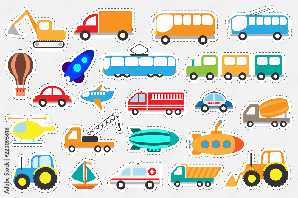 Different colorful transport for children, fun education game for kids, preschool activity, set of stickers, vector illustration - obrazy, fototapety, plakaty 