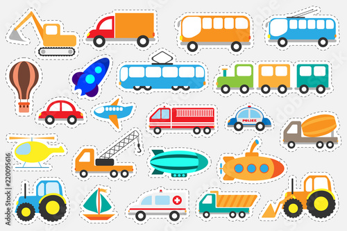 Different colorful transport for children, fun education game for kids, preschool activity, set of stickers, vector illustration