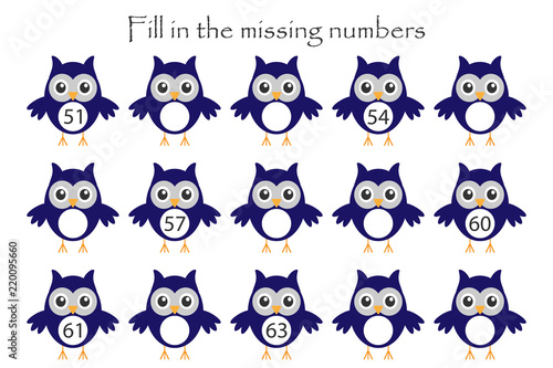 Game with owls for children, fill in the missing numbers, middle level, education game for kids, school worksheet activity, task for the development of logical thinking, vector illustration