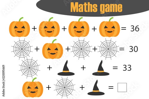 Maths game with pictures (halloween theme) for children, middle level, education game for kids, preschool worksheet activity, task for the development of logical thinking, vector illustration