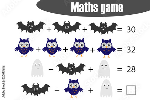 Maths game with pictures (halloween theme) for children, middle level, education game for kids, preschool worksheet activity, task for the development of logical thinking, vector illustration