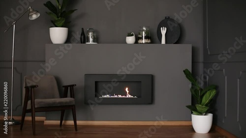 Video of dark grey living room interior with fresh plants, decor, retro armchair and eco fireplace