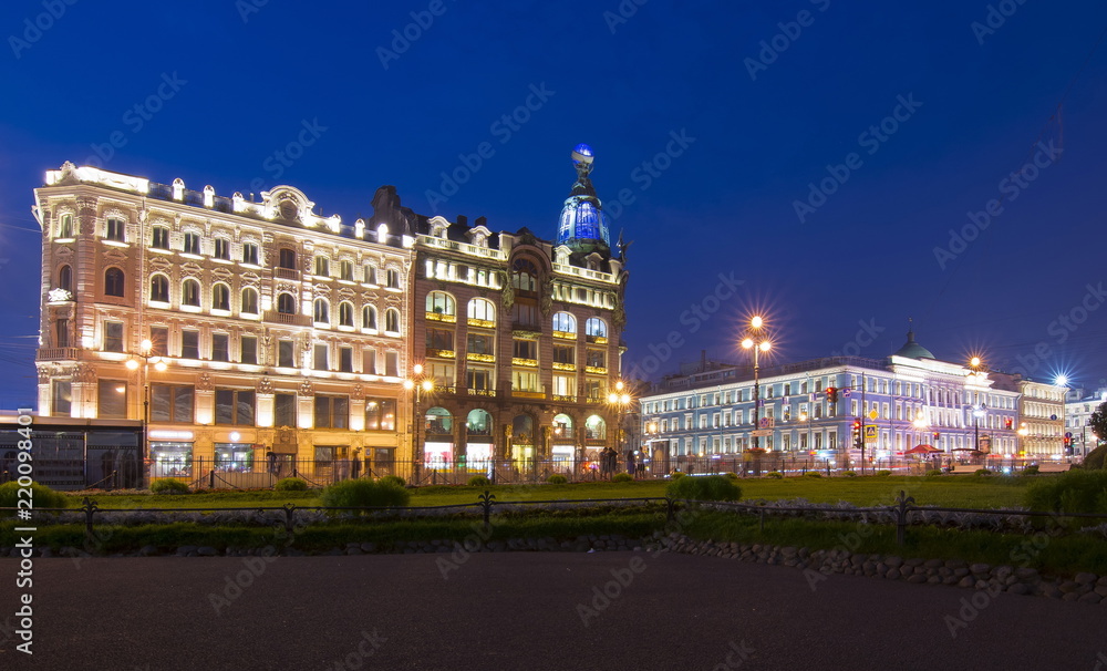 Singer (Zinger) House on Nevsky prospect at night, Saint Petersburg, Russia