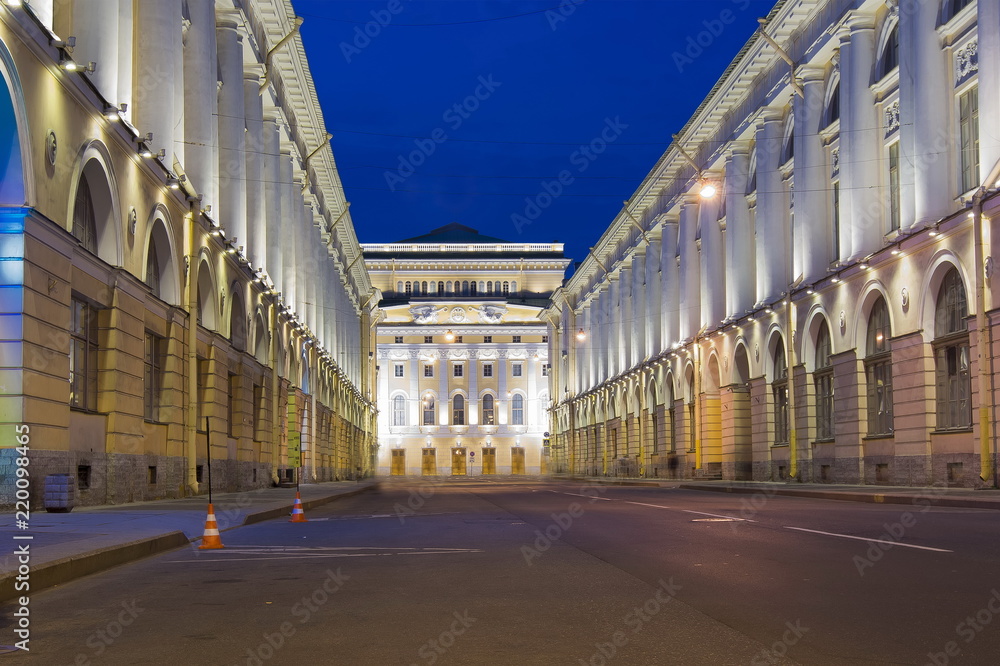 Rossi street and Alexandrinsky theatre at night, Saint Petersburg, Russia