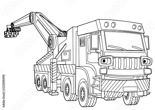 cartoon scene with vector tow truck on white background - with coloring page - illustration for children 