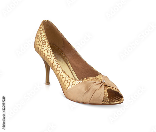 Elegant women party wear high heels golden bellies decorated with brown ribbon and white stone that make it more attractive and stylish