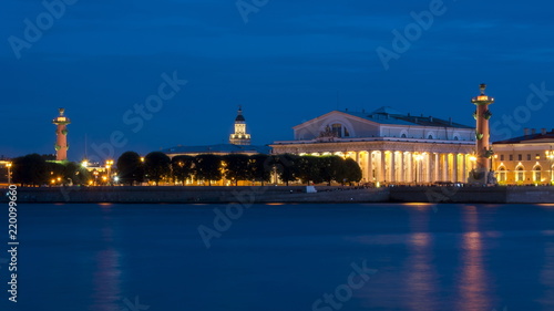 Old Stock Exchange building and Rostral columns on Vasilyevsky island at night, Saint Petersburg, Russia