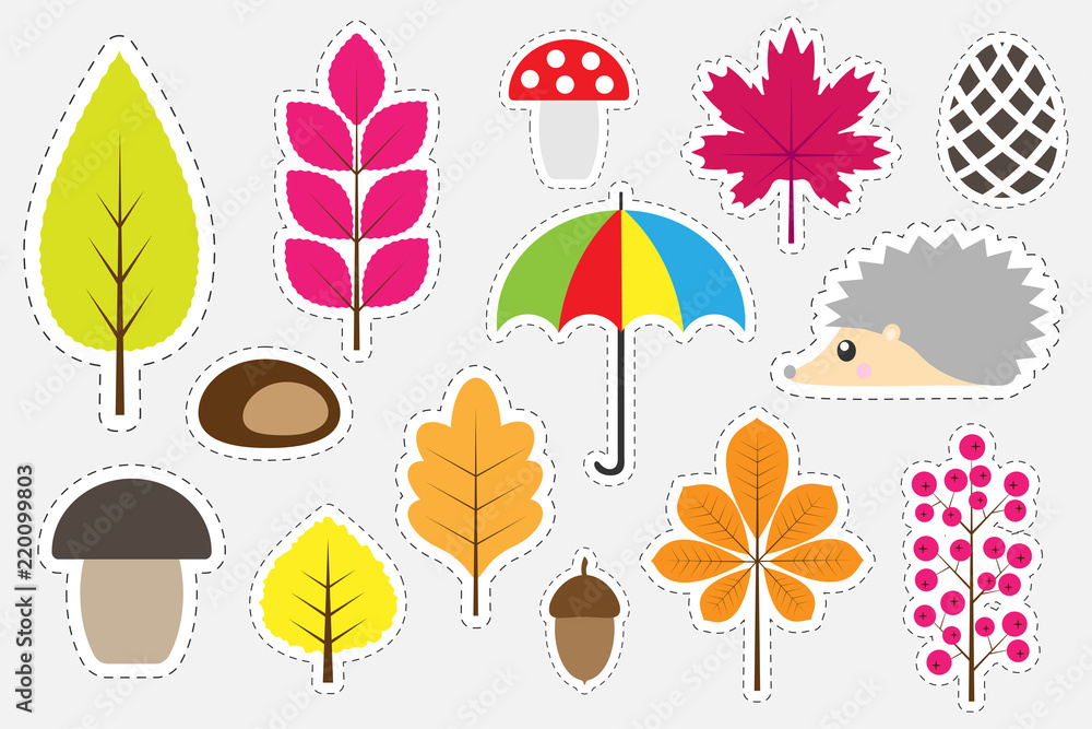 Different colorful autumn pictures for children, fun education game for kids, preschool activity, set of stickers, vector illustration