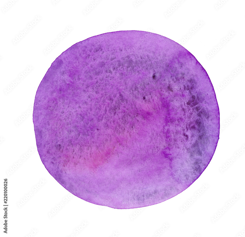 bright violet hand made watercolor circle shaped stain, isolated on white background, abstract artistic element bright violet hand made watercolor circle shaped stain, isolated on white background, abstract artistic element