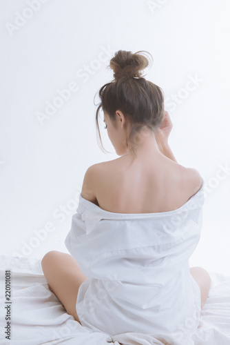 Beauty portrait of elegant young asian woman, Glamour makeup, Asian model long hair stand back in studio.