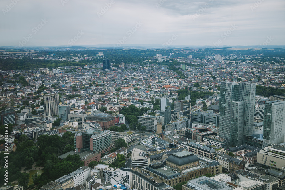 aerial view of cityscape with skyscrapers and buildings in Frankfurt, Germany