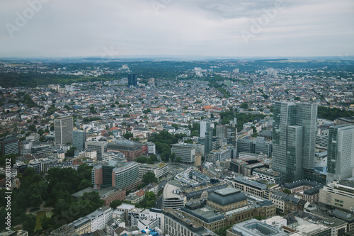 aerial view of cityscape with skyscrapers and buildings in Frankfurt, Germany