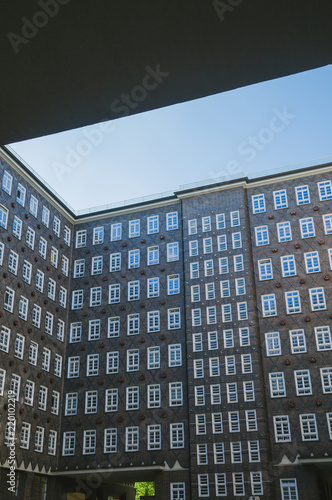 low angle view of building under blue clear sky in Hamburg, Germany
