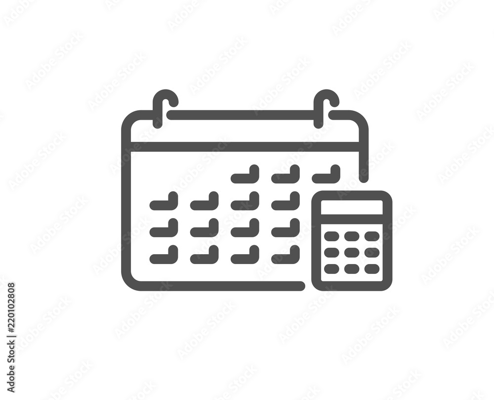 Calendar with calculator line icon. Accounting sign. Calculate finance symbol. Quality design element. Classic style. Editable stroke. Vector Calendar with calculator line icon. Accounting sign. Calculate finance symbol. Quality design element. Classic style. Editable stroke. Vector