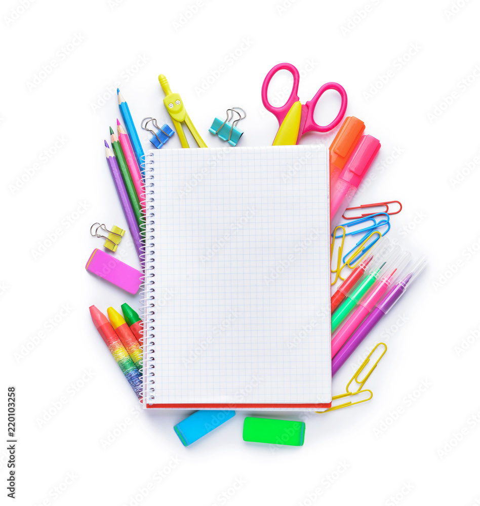 Composition with different school stationery on white background Composition with different school stationery on white background