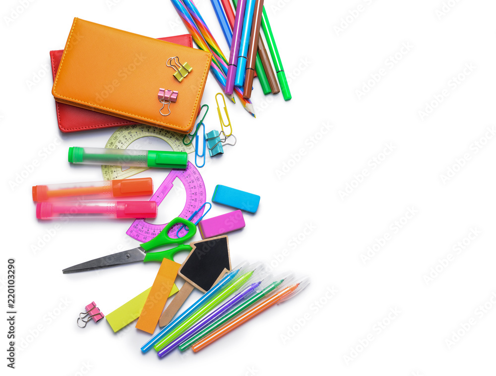 Fototapeta premium Composition with different school stationery on white background