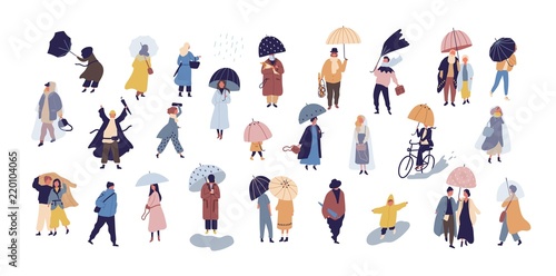 Collection of people walking under umbrella on autumn rainy day isolated on blue background. Crowd of tiny men and women under rain or rainfall. Colorful vector illustration in modern flat style.