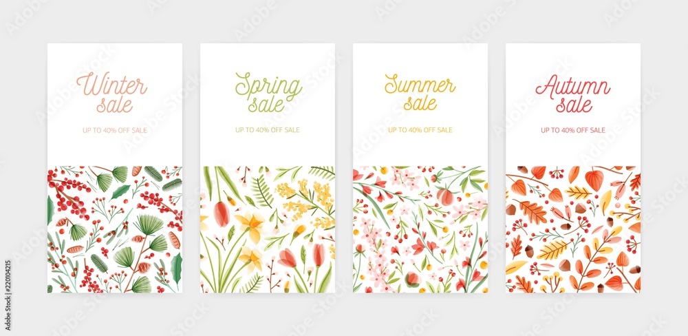 Fototapeta premium Bundle of vertical banner, promo voucher or coupon templates with seasonal flowers and plants and place for text. Spring, summer, autumn and winter sale or discount. Flat floral vector illustration.