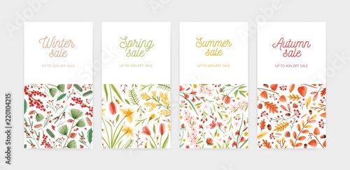 Bundle of vertical banner, promo voucher or coupon templates with seasonal flowers and plants and place for text. Spring, summer, autumn and winter sale or discount. Flat floral vector illustration.