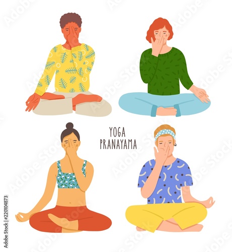 Collection of people sitting with crossed legs on floor and performing yoga breathing exercise. Girls and boys with closed eyes practicing Pranayama. Colorful vector illustration in flat cartoon style