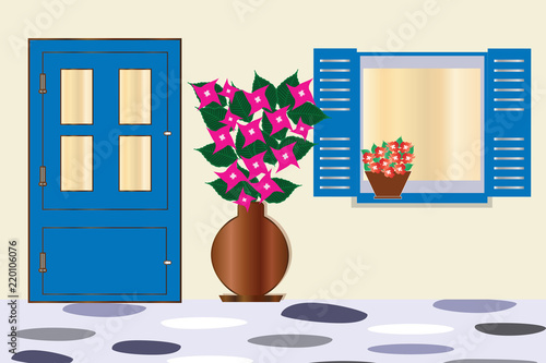 blue door and window with bougainvillea flower - traditional greek houses architecture