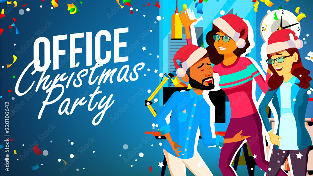 Christmas Party In Office Vector. Young Man, Woman. Santa Hats. Smiling. Celebrating New Year. Cartoon Illustration