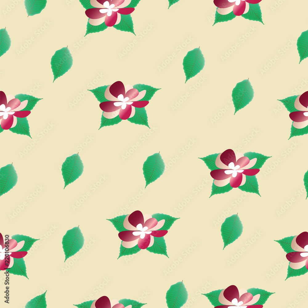 seamless pattern with flowers and green leaves vector - floral pattern - light brown background
