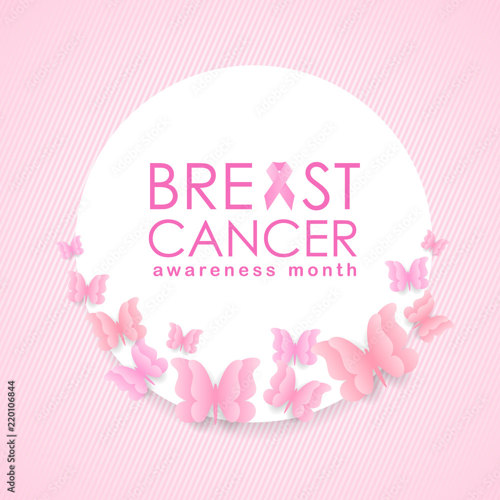 Breast cancer Awareness month banner with pink ribbon sign and text on white circle and butterfly around frame vector design Breast cancer Awareness month banner with pink ribbon sign and text on white circle and butterfly around frame vector design