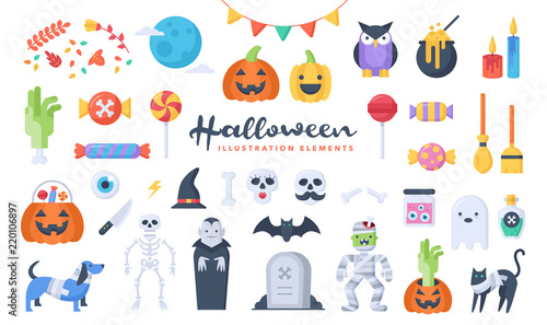 Set of cute Halloween illustration elements. Flat design style. Perfect for making your own original projects. Vector.