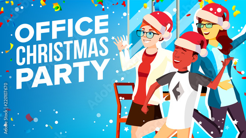 Christmas Corporate Party Vector. Having Fun. Group People In Santa Hat. Businesspeople Team. Cartoon Illustration