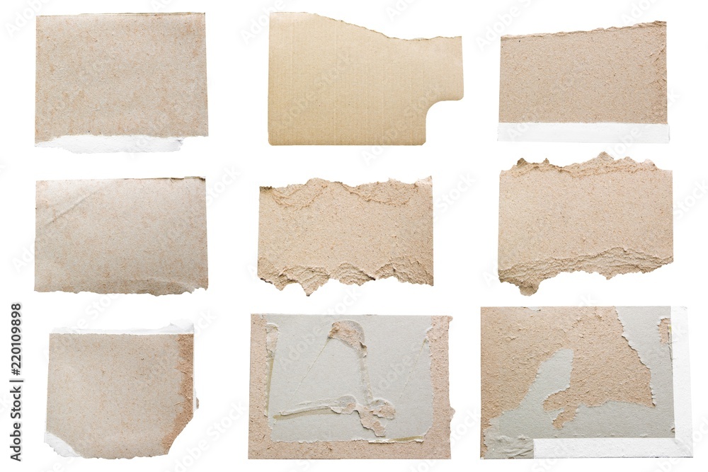 Fototapeta premium Set of brown paper torn on white background. rip of cardboard sheet used as a background. Different size brown rip paper. Make work path