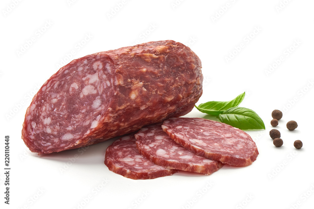 Salami smoked sausage, basil leaves and peppercorns, isolated on white background. Salami smoked sausage, basil leaves and peppercorns, isolated on white background.