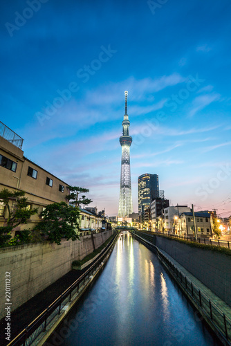 TOKYO  JAPAN - June 22  2018  Tokyo Skytree  Sumida Ward Urban night scene. Tokyo Skytree tower reflections on the canal. Tokyo Sky Tree is one of the famous landmark in Tokyo.