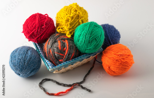 multicolored wool knitting balls in the basket. supplied on a light background