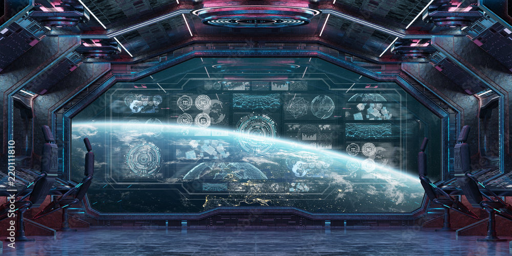 Naklejka premium Dark spaceship interior with control panel digital screens 3D rendering