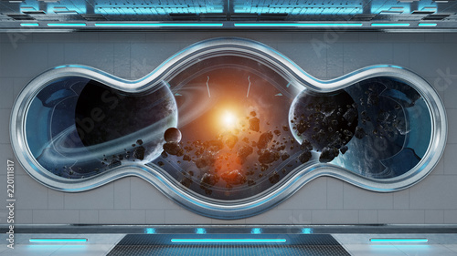 Fototapeta Naklejka Na Ścianę i Meble -  White tech spaceship round window interior background 3D rendering