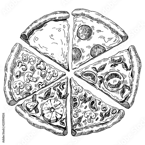 hand drawn illustration of pizza. six pieces