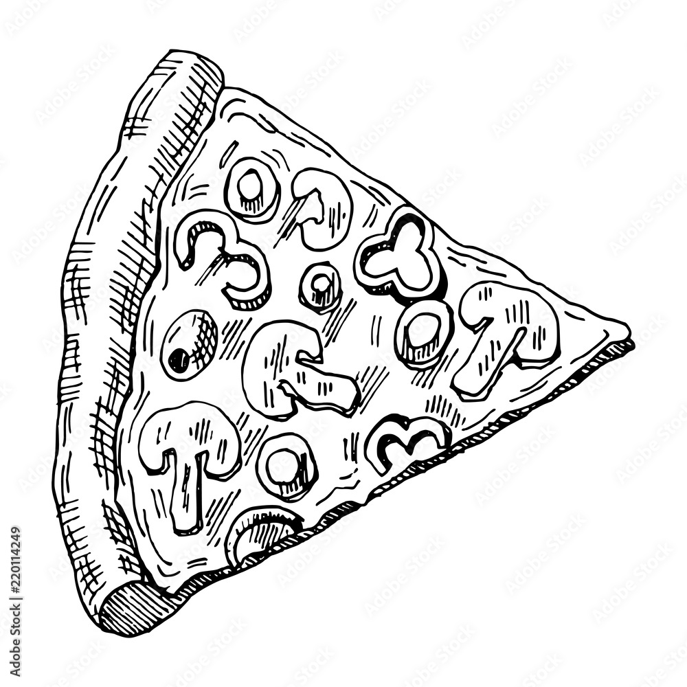hand drawn illustration of piece of pizza hand drawn illustration of piece of pizza