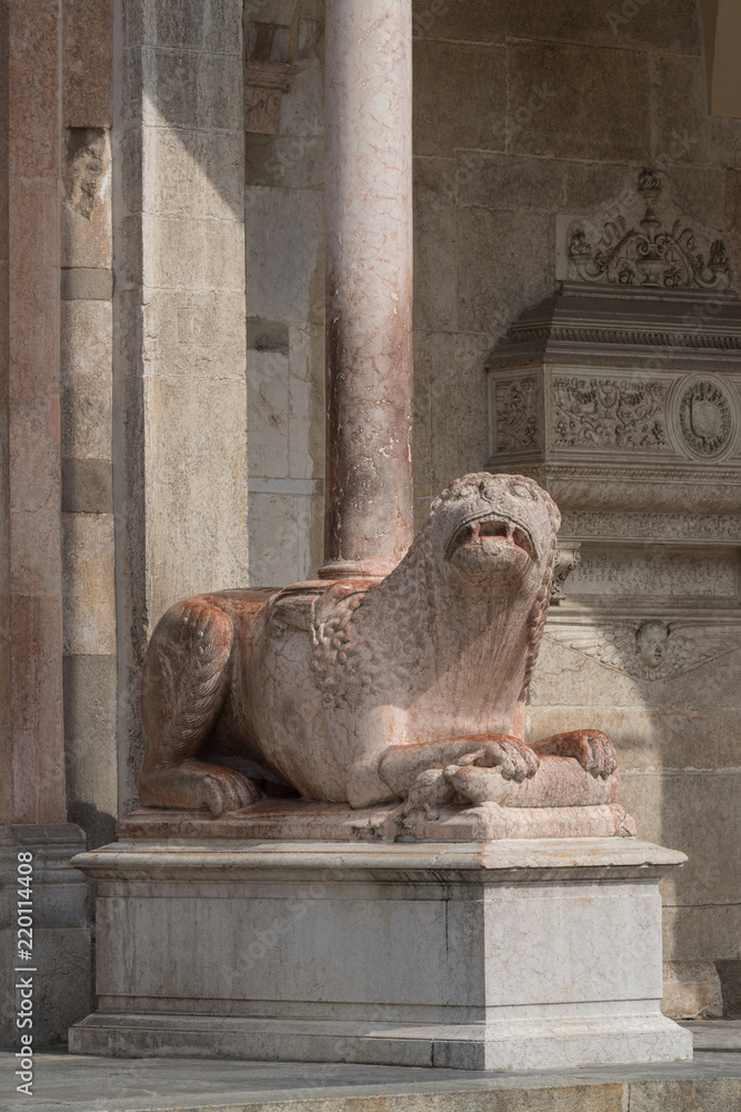 Marble statue of lion, Cremona Cathedral, Italy