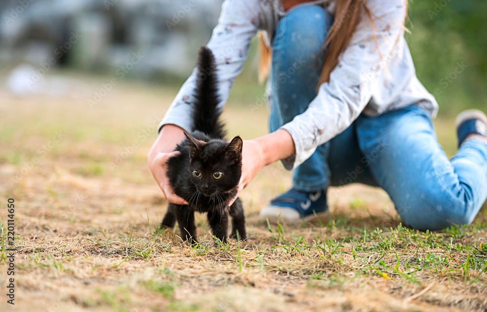 Girl holding black little kitten on the ground