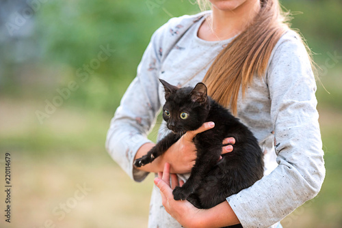 Blond girl holding little kitten
