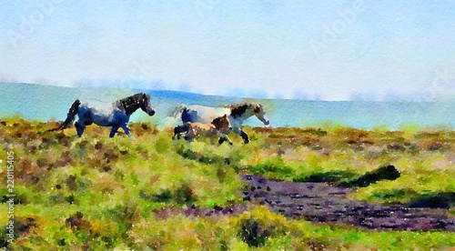 Photo Watercolour landscape painting of wild ponies on the moors with a foal