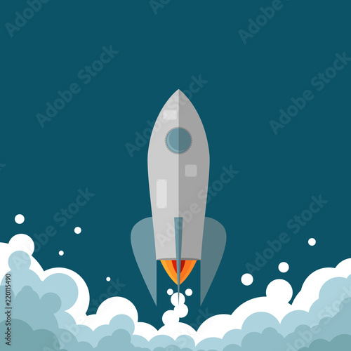 Start-up rocket with smoke clouds from under the nozzle